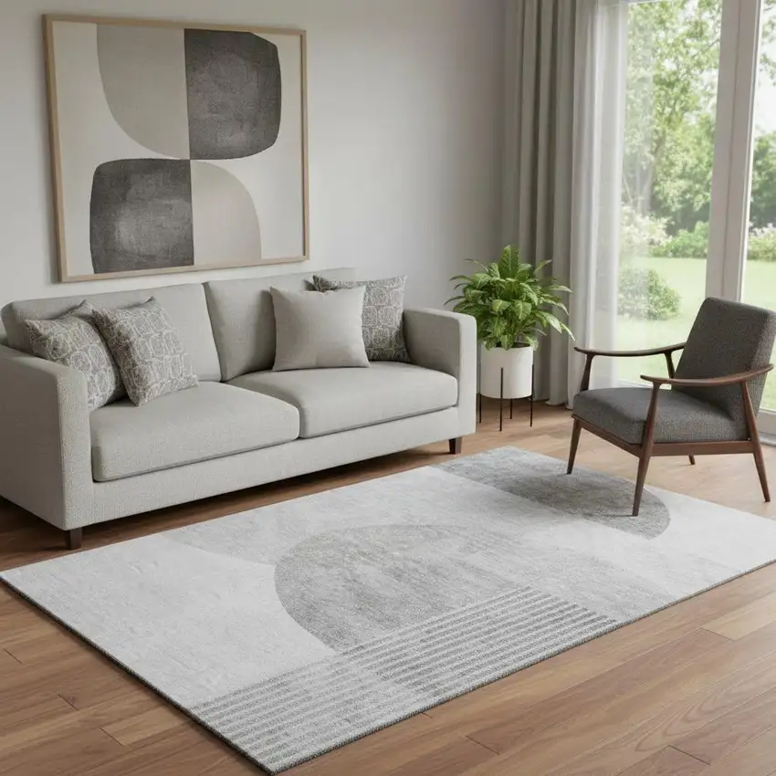 Gray And Silver Geometric Washable Area Rug With UV Protection Photo 1