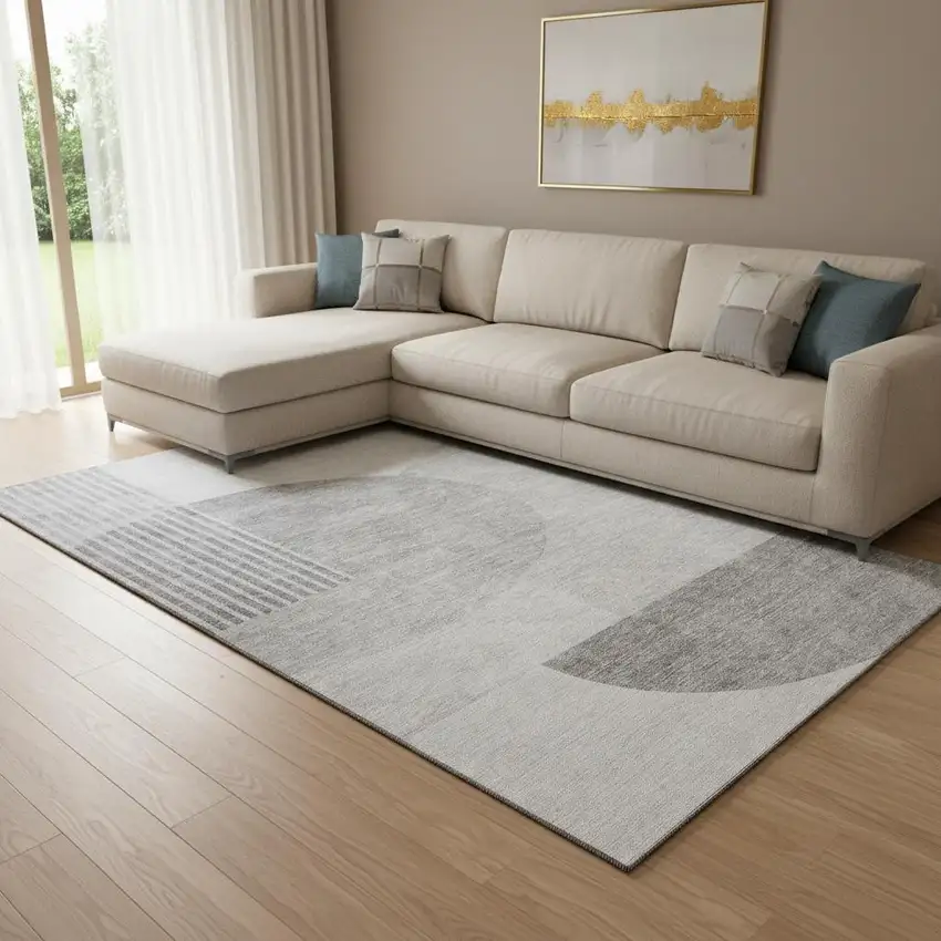 Gray And Silver Geometric Washable Area Rug With UV Protection Photo 1