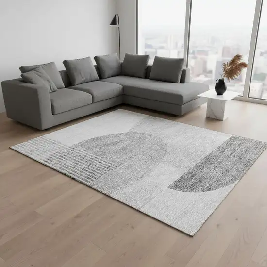 Gray And Silver Geometric Washable Area Rug With UV Protection Photo 1