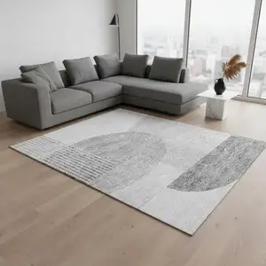 Photo of Gray And Silver Geometric Washable Area Rug With UV Protection