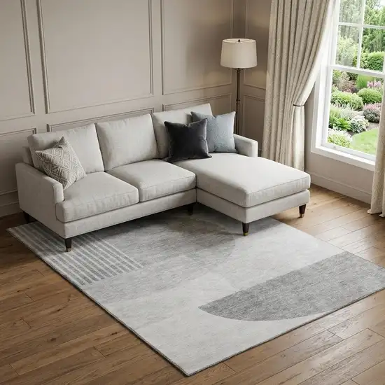 Gray And Silver Geometric Washable Area Rug With UV Protection Photo 1