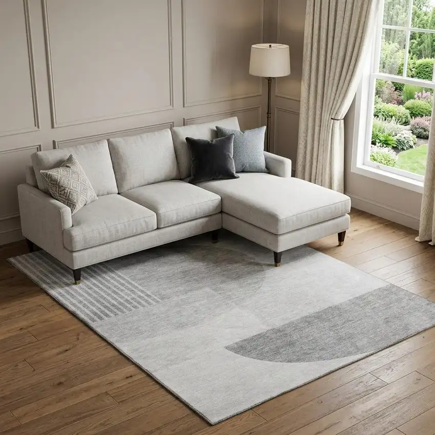 Gray And Silver Geometric Washable Area Rug With UV Protection Photo 1