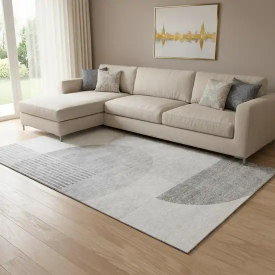 Gray And Silver Geometric Washable Area Rug With UV Protection Photo 1