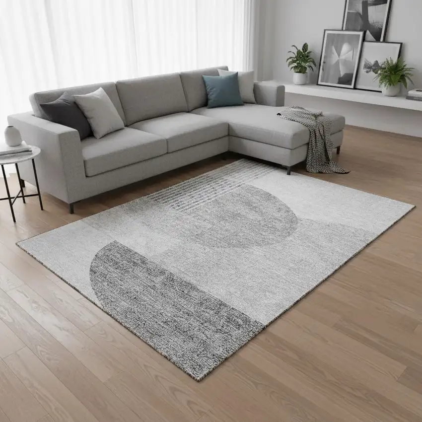 Gray And Silver Geometric Washable Area Rug With UV Protection Photo 3