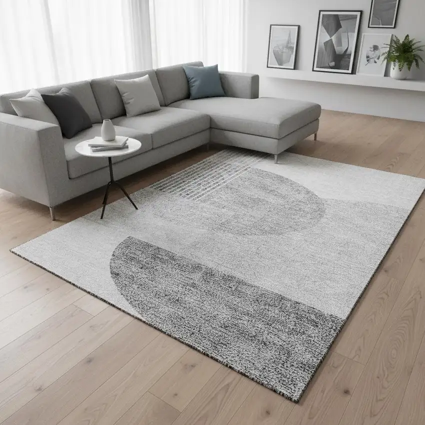 Gray And Silver Geometric Washable Area Rug With UV Protection Photo 1
