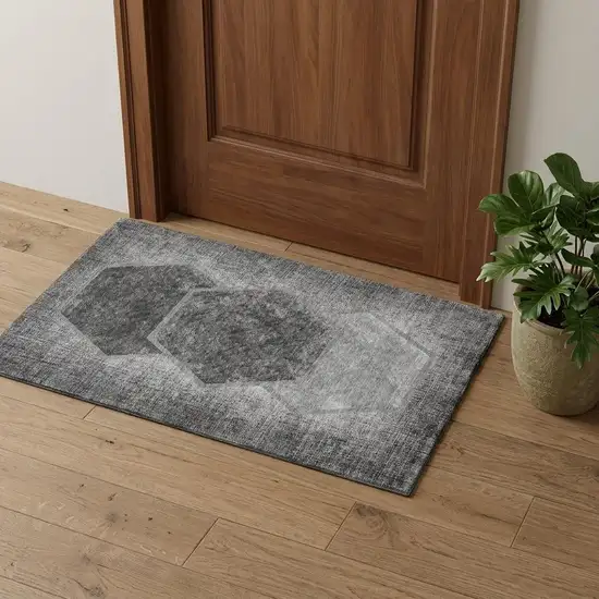 Gray And Silver Geometric Washable Area Rug With UV Protection Photo 1