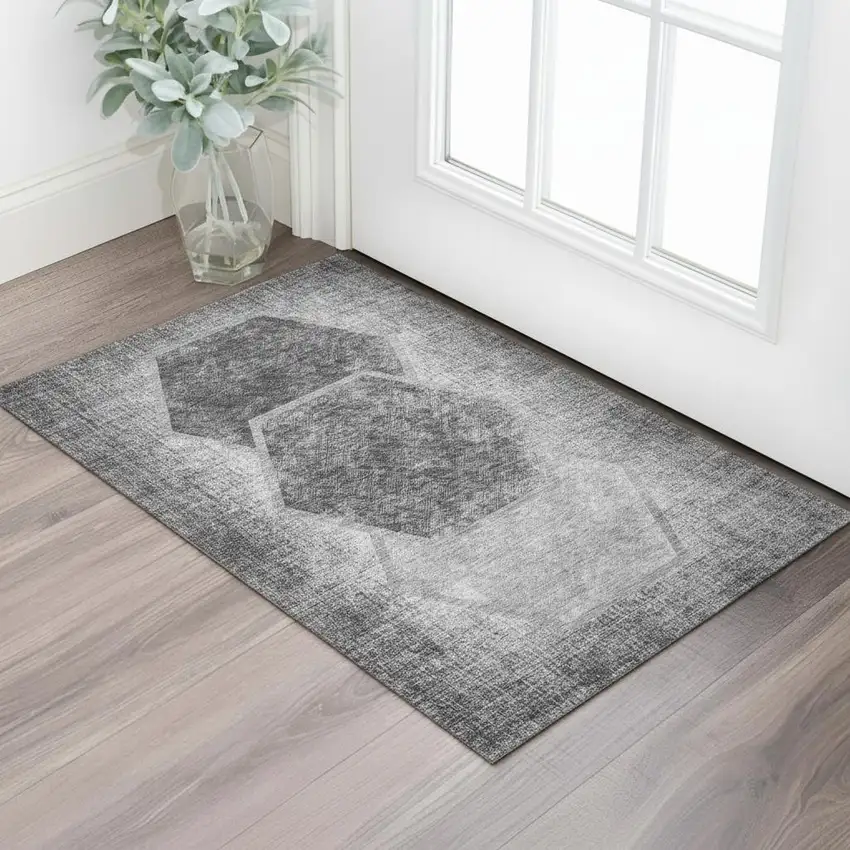 Gray And Silver Geometric Washable Area Rug With UV Protection Photo 1