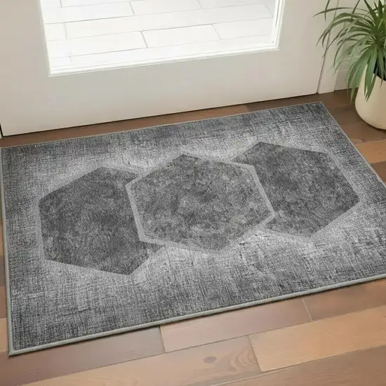Gray And Silver Geometric Washable Area Rug With UV Protection Photo 2