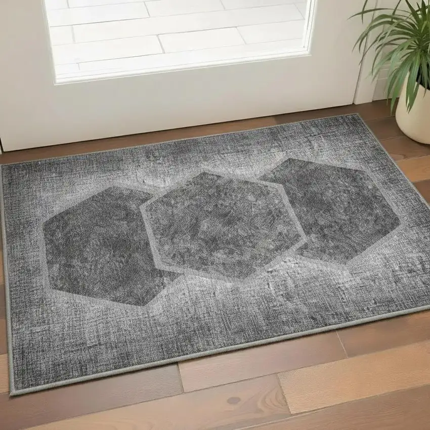 Gray And Silver Geometric Washable Area Rug With UV Protection Photo 2
