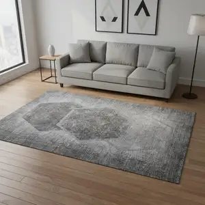 Photo of Gray And Silver Geometric Washable Area Rug With UV Protection