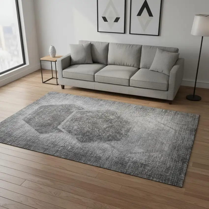 Gray And Silver Geometric Washable Area Rug With UV Protection Photo 1