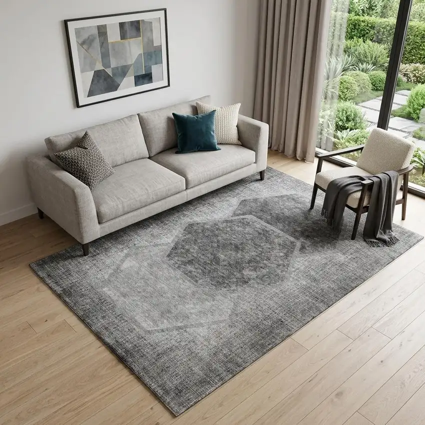 Gray And Silver Geometric Washable Area Rug With UV Protection Photo 1
