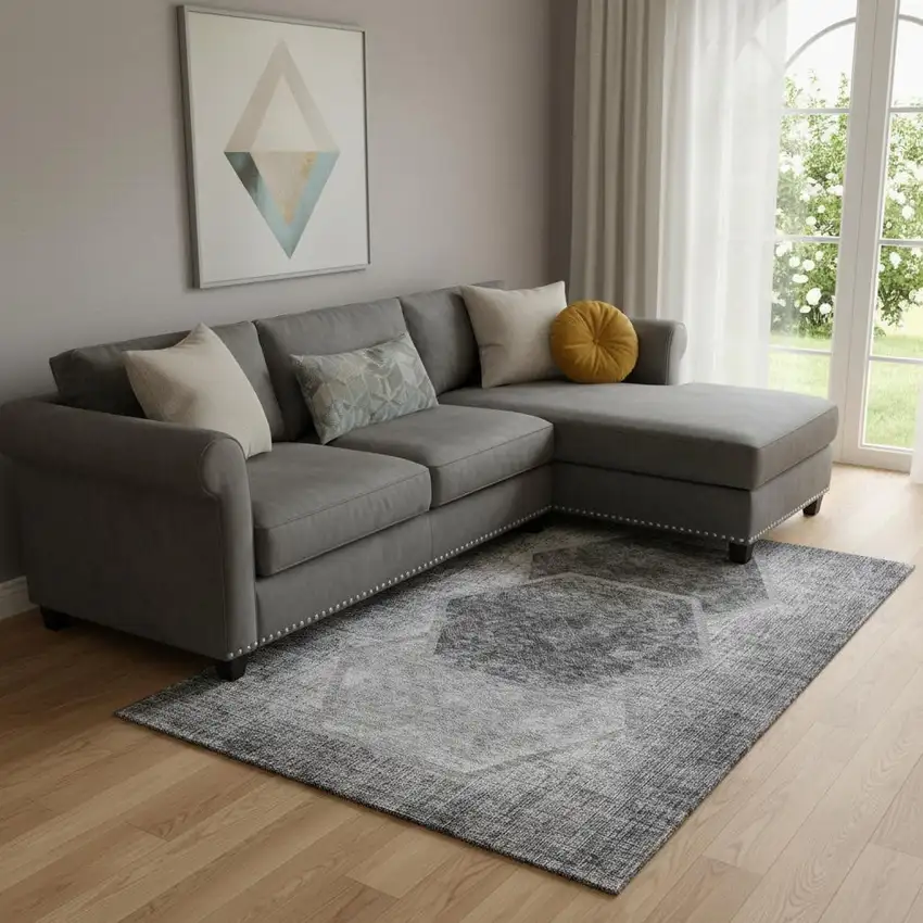 Gray And Silver Geometric Washable Area Rug With UV Protection Photo 1