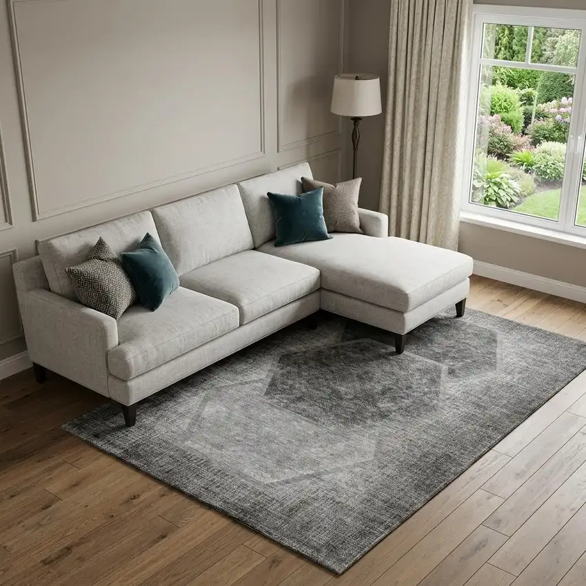 Gray And Silver Geometric Washable Area Rug With UV Protection Photo 1