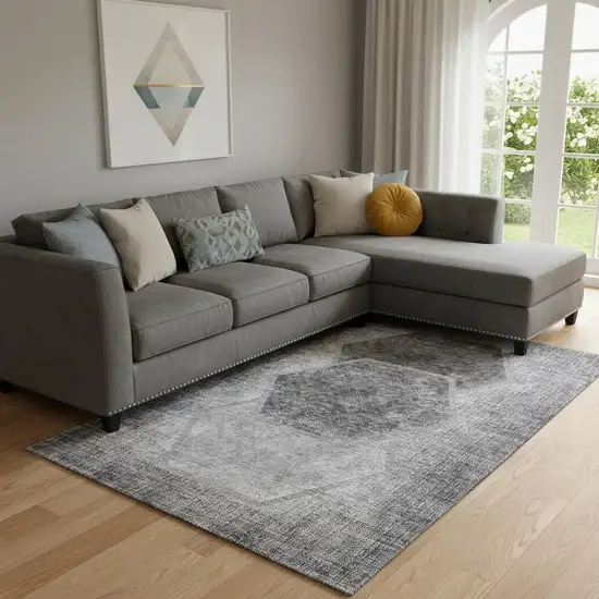Gray And Silver Geometric Washable Area Rug With UV Protection Photo 1