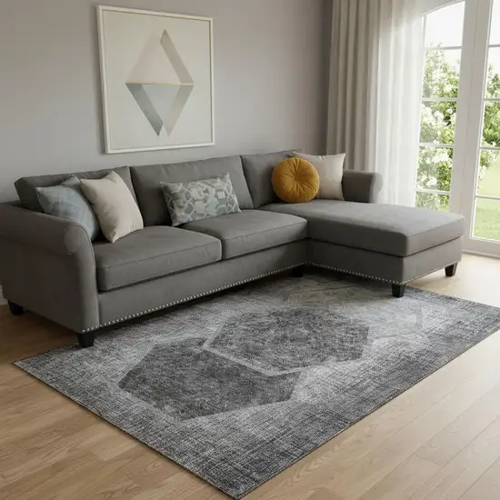 Gray And Silver Geometric Washable Area Rug With UV Protection Photo 1