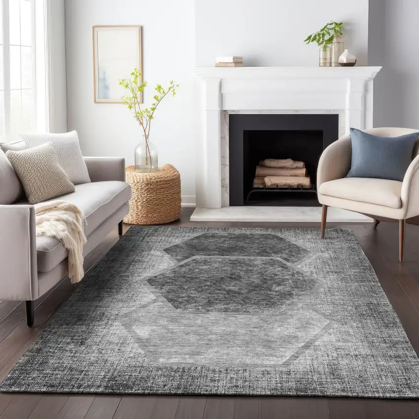 Gray And Silver Geometric Washable Area Rug With UV Protection Photo 4