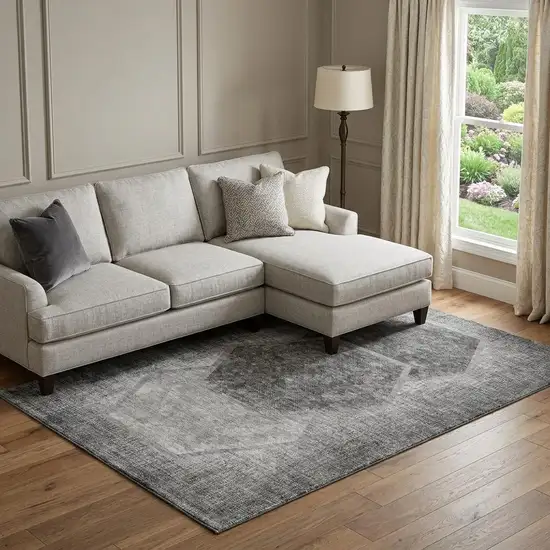 Gray And Silver Geometric Washable Area Rug With UV Protection Photo 1