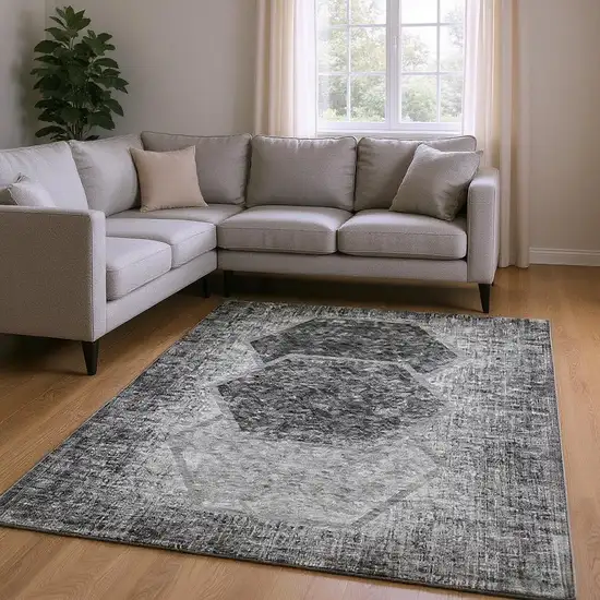Gray And Silver Geometric Washable Area Rug With UV Protection Photo 1