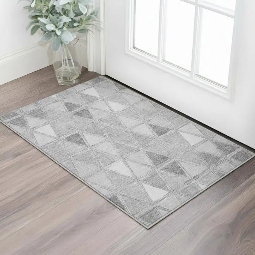 Gray And Silver Geometric Washable Area Rug With UV Protection Photo 3