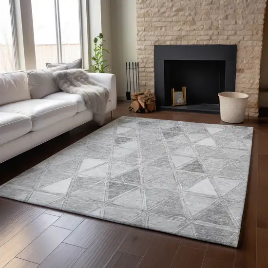 Gray And Silver Geometric Washable Area Rug With UV Protection Photo 6