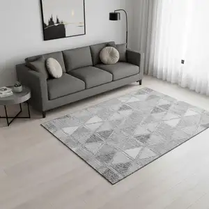 Photo of Gray And Silver Geometric Washable Area Rug With UV Protection