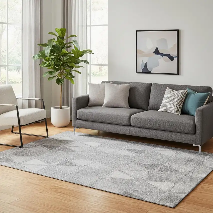 Gray And Silver Geometric Washable Area Rug With UV Protection Photo 1