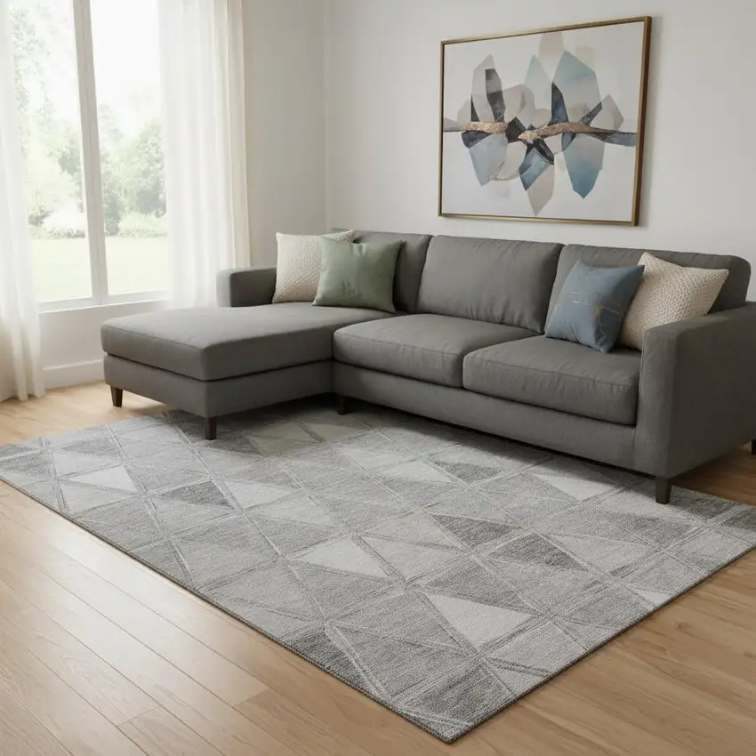 Gray And Silver Geometric Washable Area Rug With UV Protection Photo 1