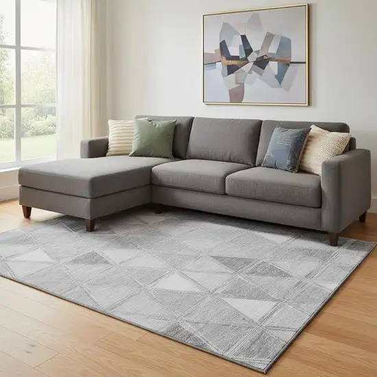Gray And Silver Geometric Washable Area Rug With UV Protection Photo 1