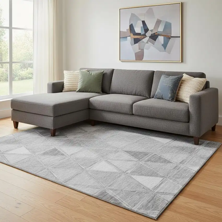 Gray And Silver Geometric Washable Area Rug With UV Protection Photo 1
