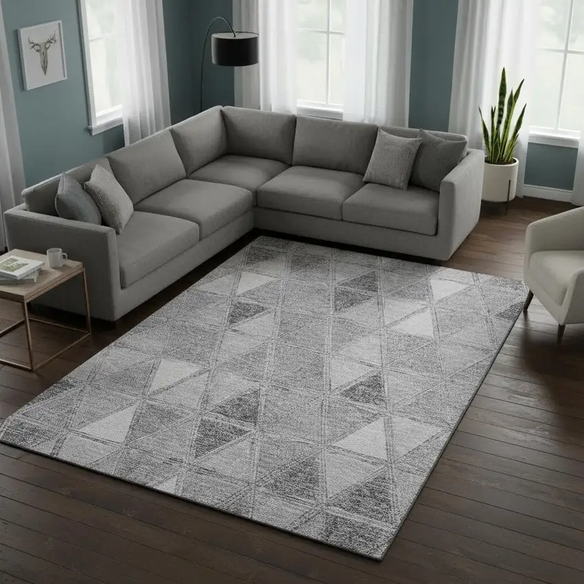 Gray And Silver Geometric Washable Area Rug With UV Protection Photo 1