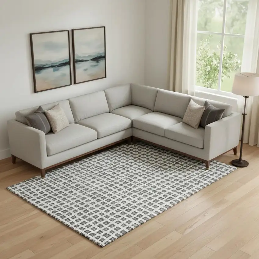 Gray And Silver Geometric Washable Area Rug With UV Protection Photo 1