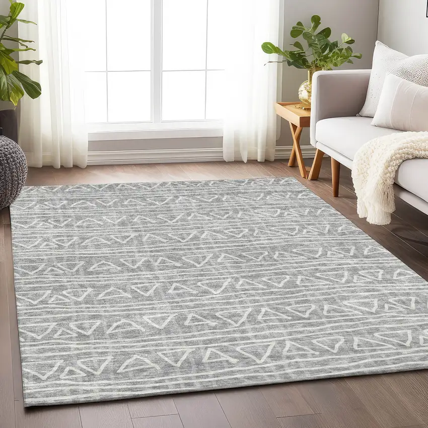 Gray And Silver Geometric Washable Area Rug With UV Protection Photo 5
