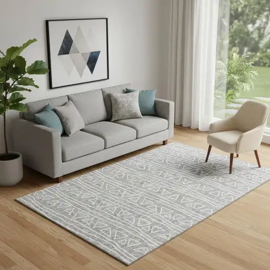 Gray And Silver Geometric Washable Area Rug With UV Protection Photo 1