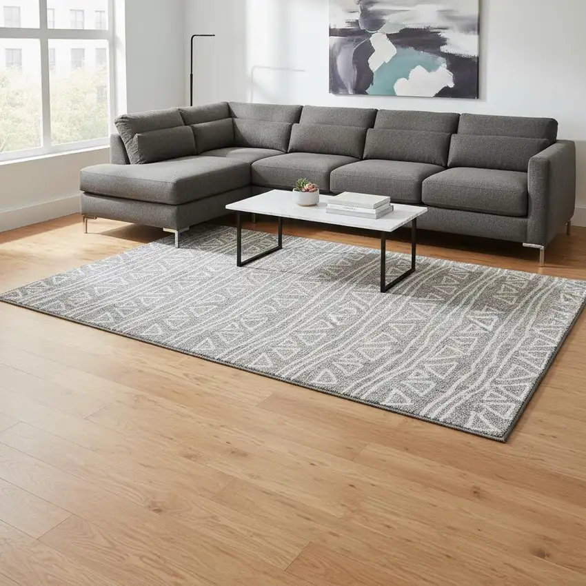 Gray And Silver Geometric Washable Area Rug With UV Protection Photo 2