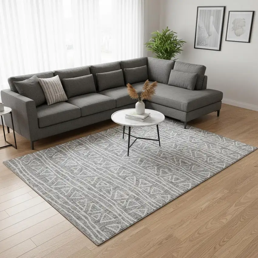 Gray And Silver Geometric Washable Area Rug With UV Protection Photo 2