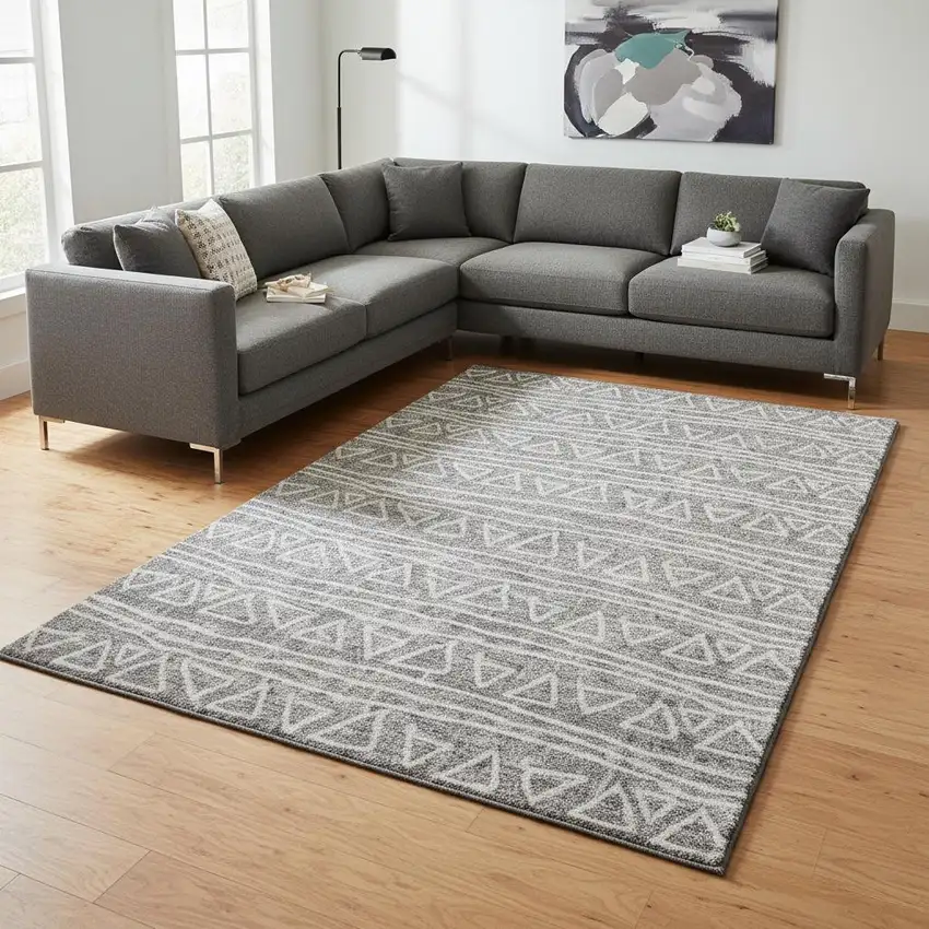 Gray And Silver Geometric Washable Area Rug With UV Protection Photo 2