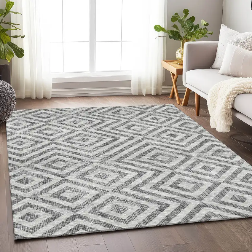 Gray And Silver Geometric Washable Area Rug With UV Protection Photo 5
