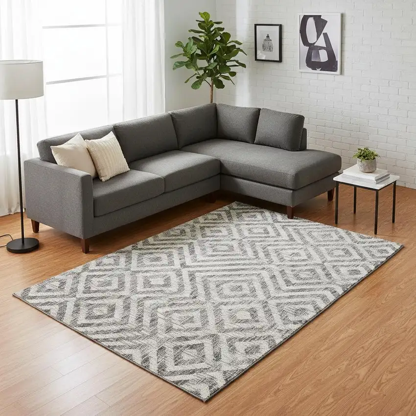 Gray And Silver Geometric Washable Area Rug With UV Protection Photo 2