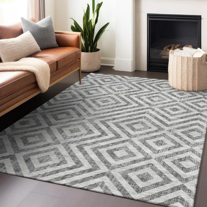 Gray And Silver Geometric Washable Area Rug With UV Protection Photo 6