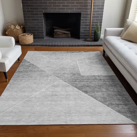 Gray And Silver Geometric Washable Area Rug With UV Protection Photo 4