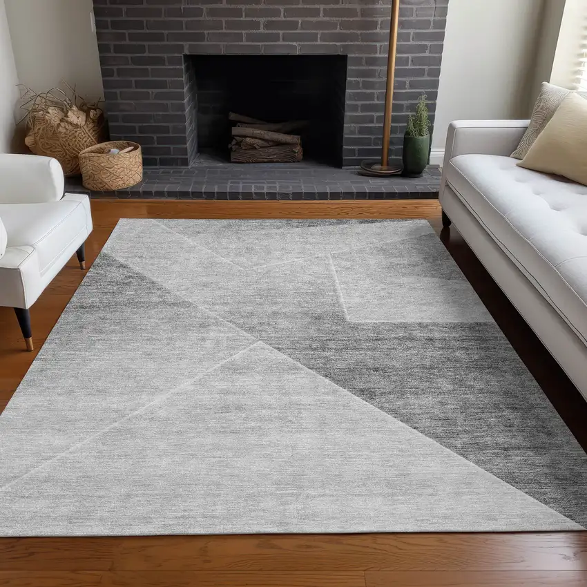 Gray And Silver Geometric Washable Area Rug With UV Protection Photo 4