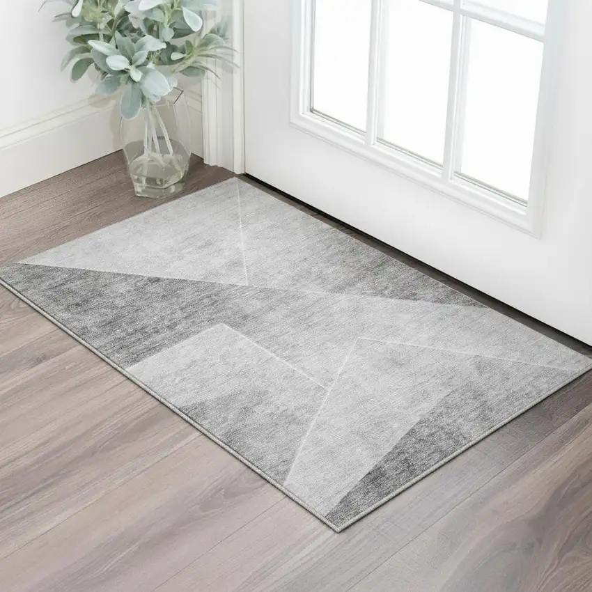 Gray And Silver Geometric Washable Area Rug With UV Protection Photo 2