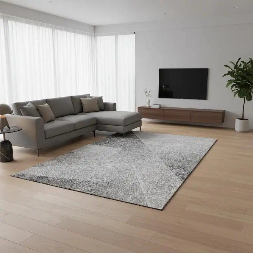 Gray And Silver Geometric Washable Area Rug With UV Protection Photo 2