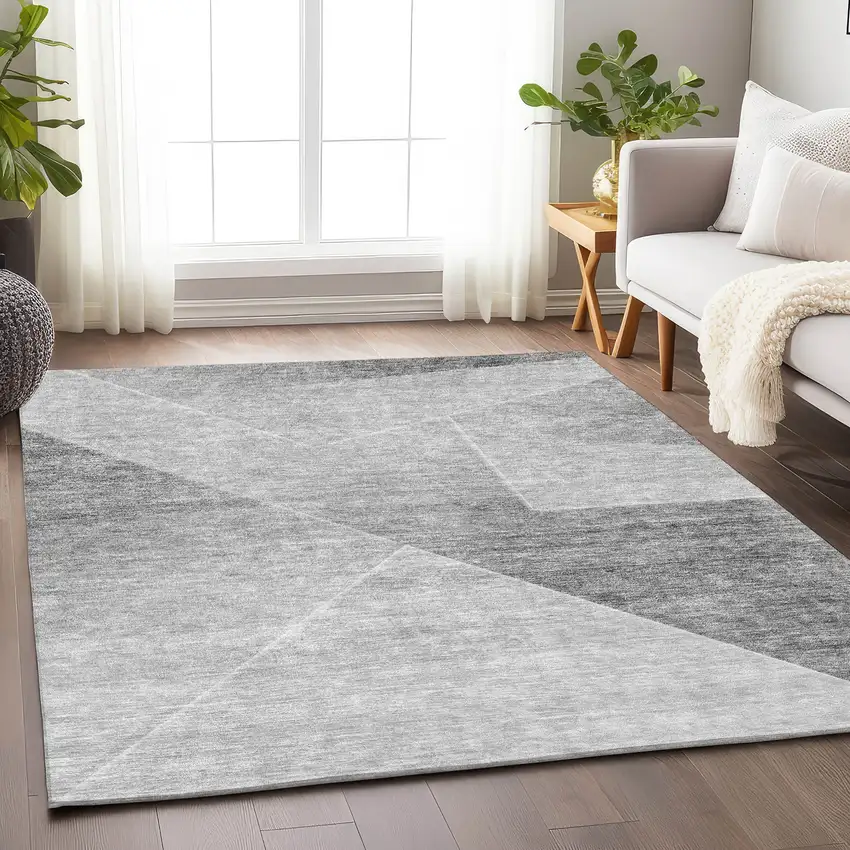 Gray And Silver Geometric Washable Area Rug With UV Protection Photo 5