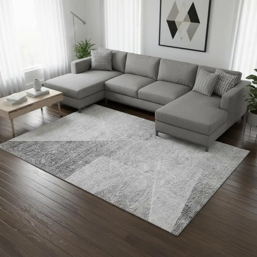 Gray And Silver Geometric Washable Area Rug With UV Protection Photo 2