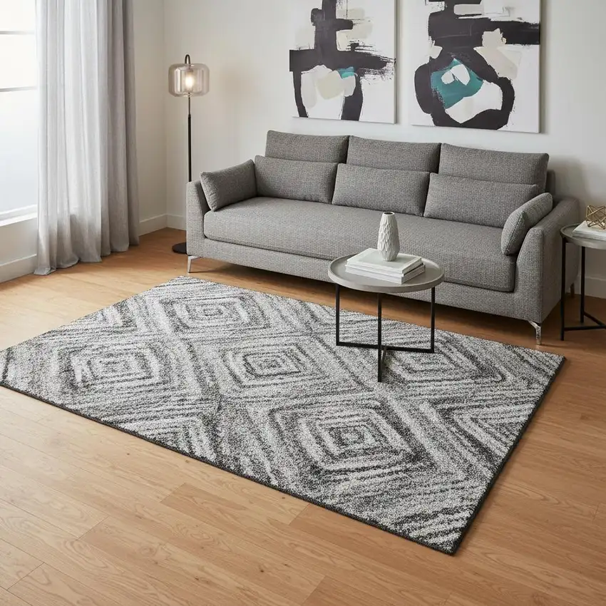 Gray And Silver Geometric Washable Area Rug With UV Protection Photo 2