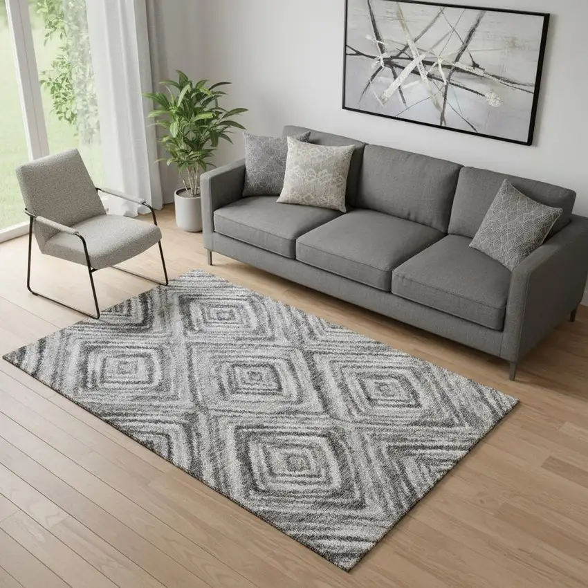 Gray And Silver Geometric Washable Area Rug With UV Protection Photo 1