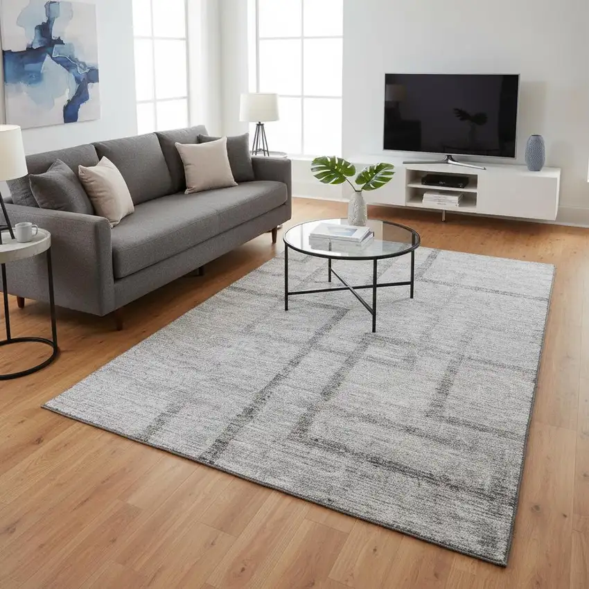 Gray And Silver Geometric Washable Area Rug With UV Protection Photo 2