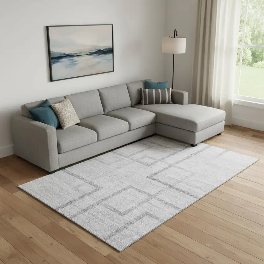 Gray And Silver Geometric Washable Area Rug With UV Protection Photo 1